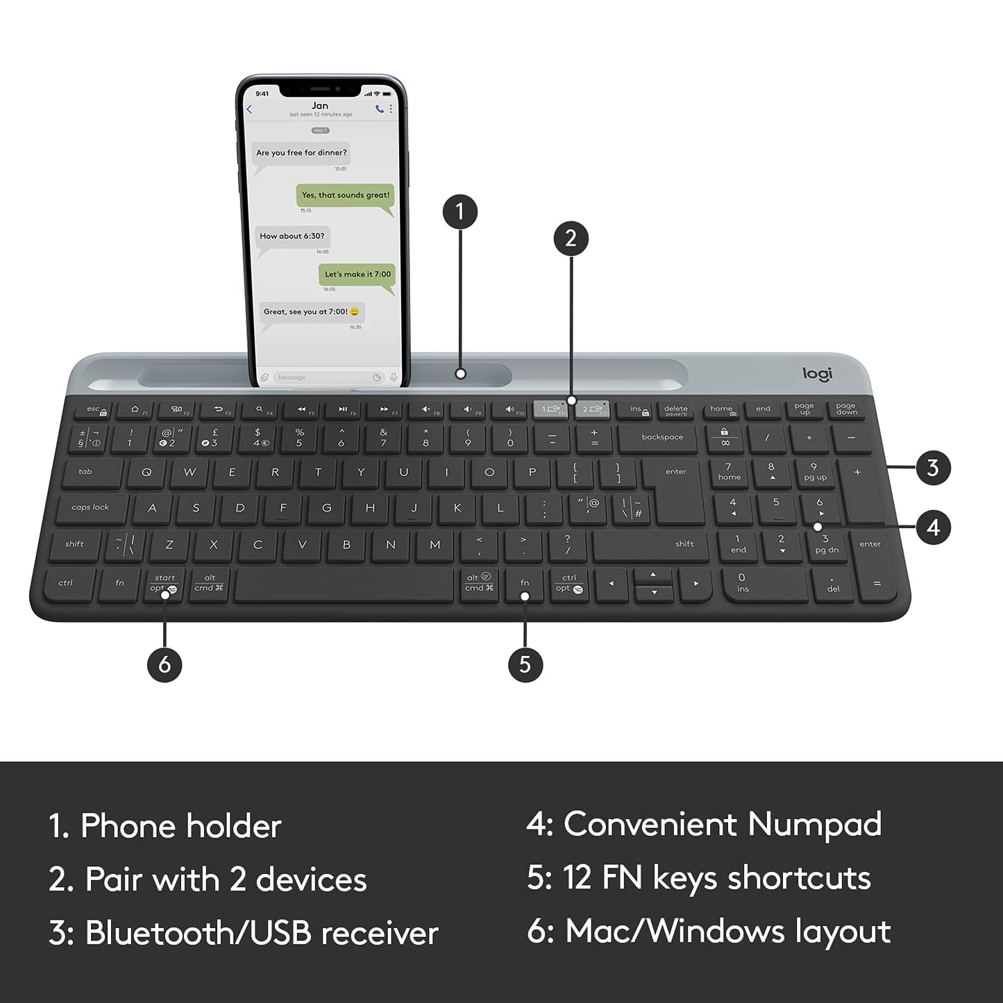 Logitech K580 Slim Multi-Device Wireless Keyboard – Bluetooth Receiver Graphite