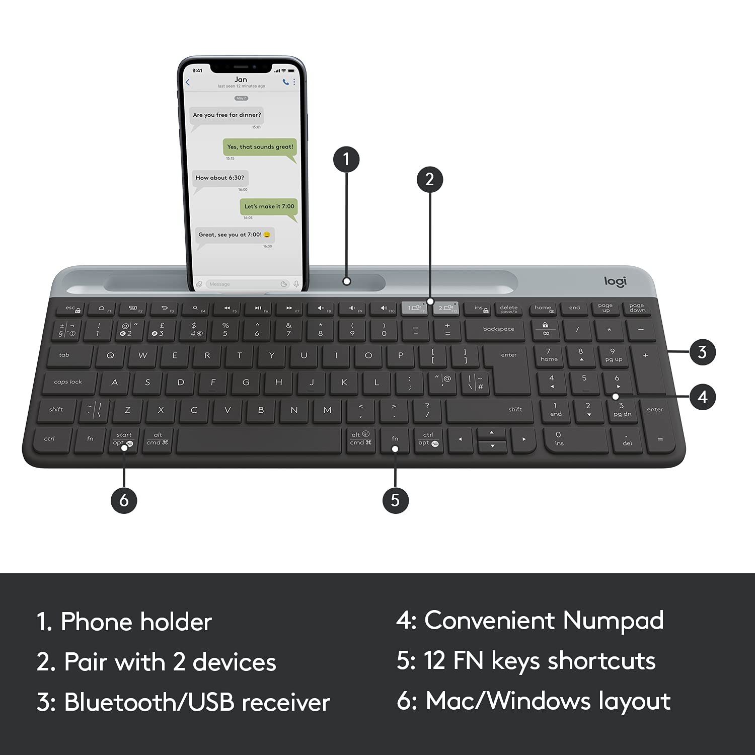 Logitech K580 Slim Multi-Device Wireless Keyboard – Bluetooth Receiver Graphite