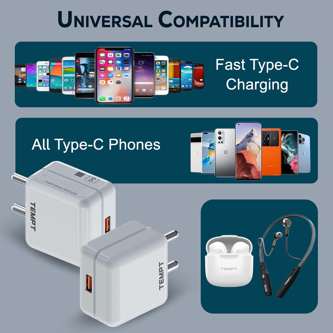 Tempt Turbo 65W Type C Fast Charger with Type C Cable