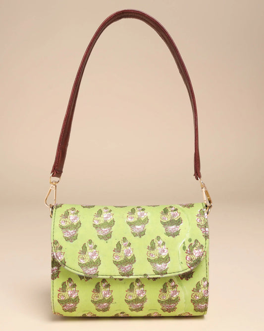 Green Emerald Cotton Blockprinted Medium Shoulder Bag My Store