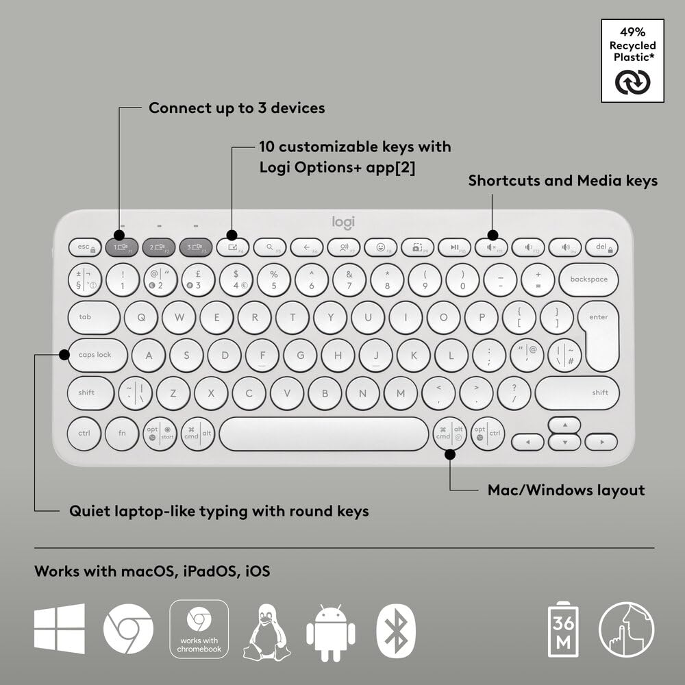 Logitech Pebble Keys 2 K380s, Multi-Device Bluetooth Wireless Keyboard White
