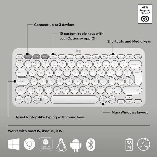 Logitech Pebble Keys 2 K380s, Multi-Device Bluetooth Wireless Keyboard White