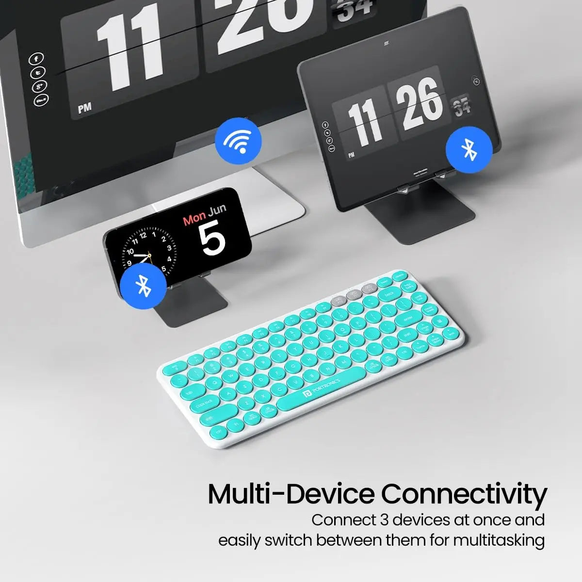 Portronics Bubble 2.0 Wireless Keyboard with Bluetooth + 2.4 GHz Receiver, Connect 3 Devices Blue