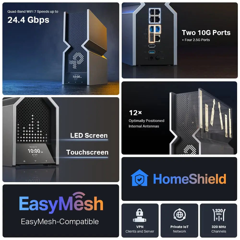 TP-Link Archer BE900 V2 BE24000 Quad-Band LED Screen Easy Mesh Wi-Fi 7 Router