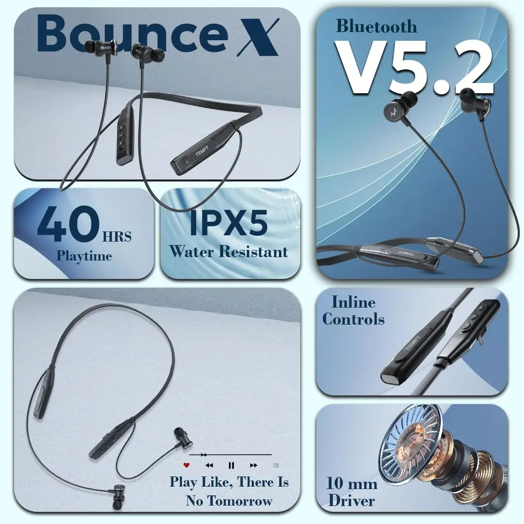 TEMPT Bounce X Neckband with 40 Hours of Playtime, Vibration Alert, Crystal Clear Sound, Fast Charging, 10MM Drivers, BT V5.2 Black