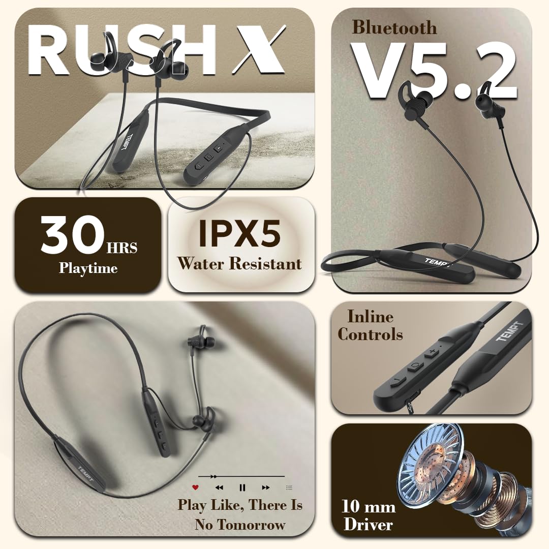 Tempt Rush X Neckband with 20 Hours Bluetooth Black