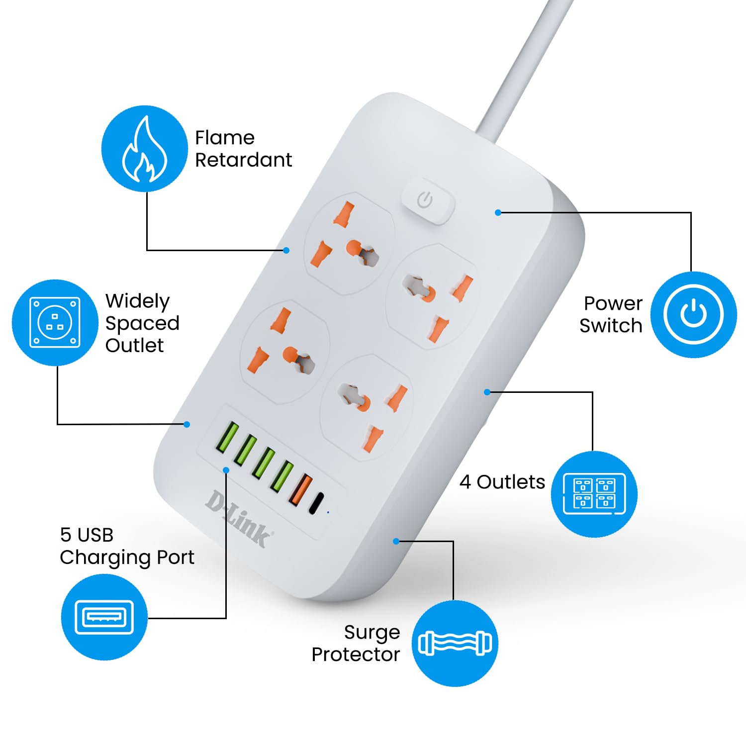 Dlink Addon Spike Extension cord Power strip 1500W DPA-F451