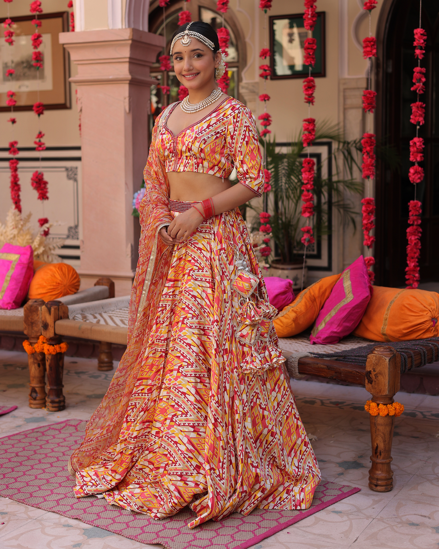 Creamy Crimson Blaze Printed Satin Lehenga Set Quick Cart