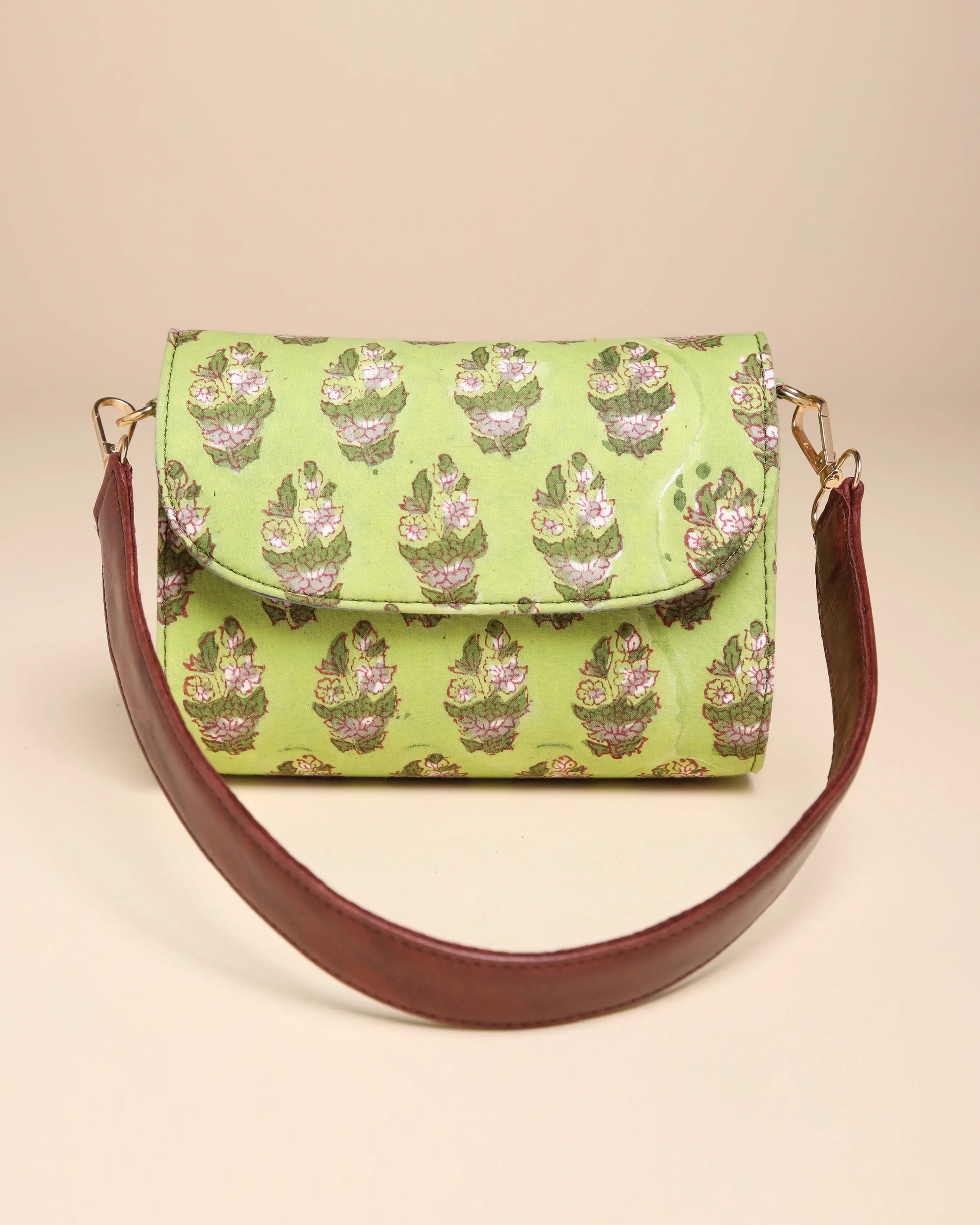 Green Emerald Cotton Blockprinted Medium Shoulder Bag My Store