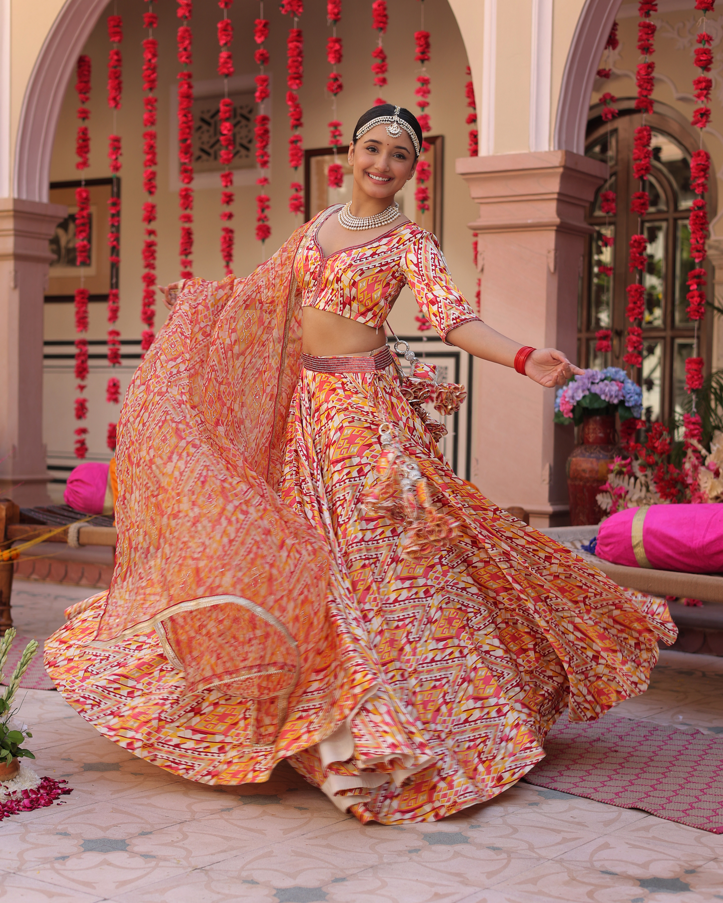 Creamy Crimson Blaze Printed Satin Lehenga Set Quick Cart
