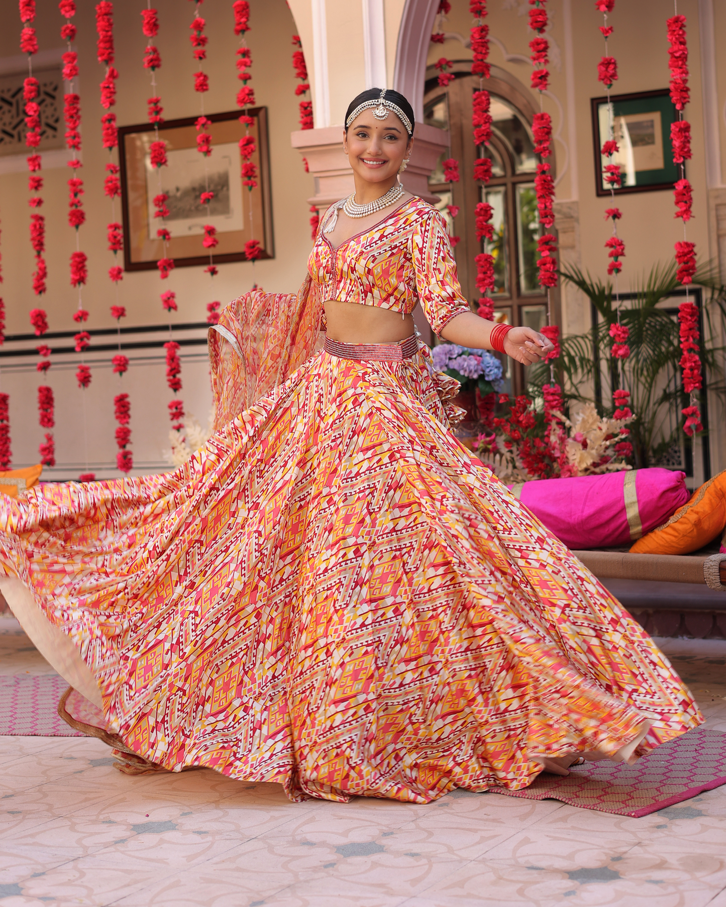 Creamy Crimson Blaze Printed Satin Lehenga Set Quick Cart
