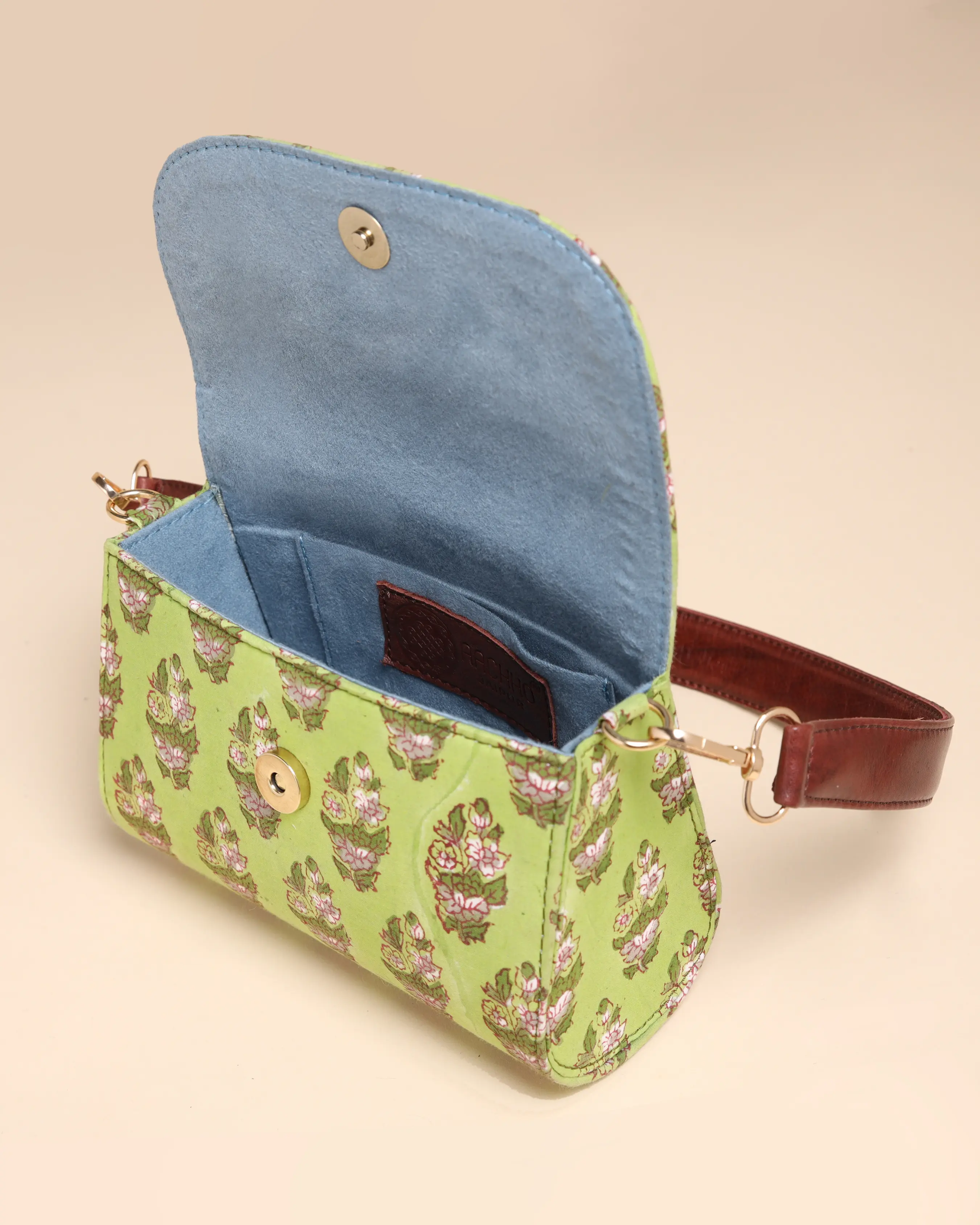Green Emerald Cotton Blockprinted Medium Shoulder Bag My Store