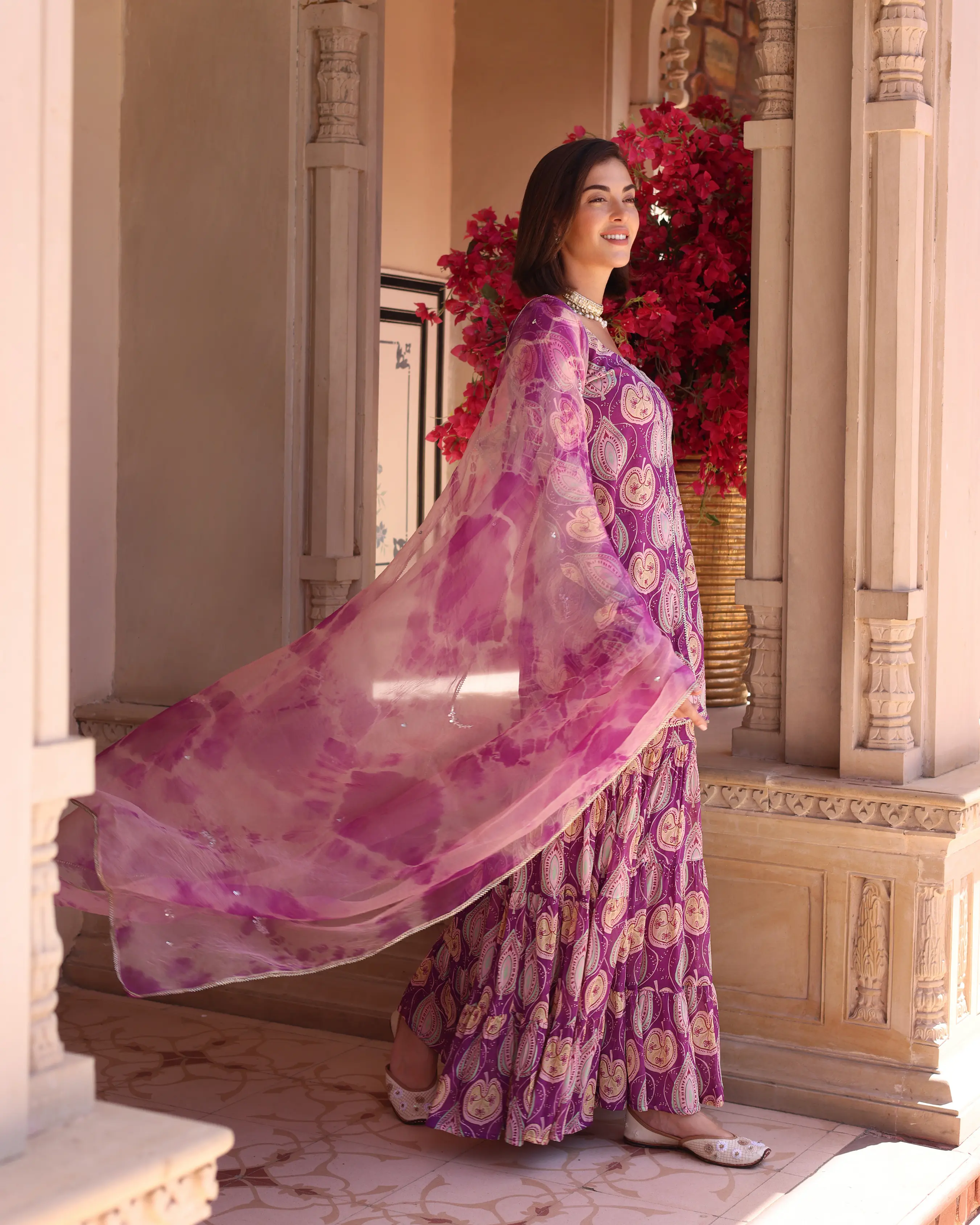 Lilac Floral Fantasy Printed Chinon Sharara Set My Store