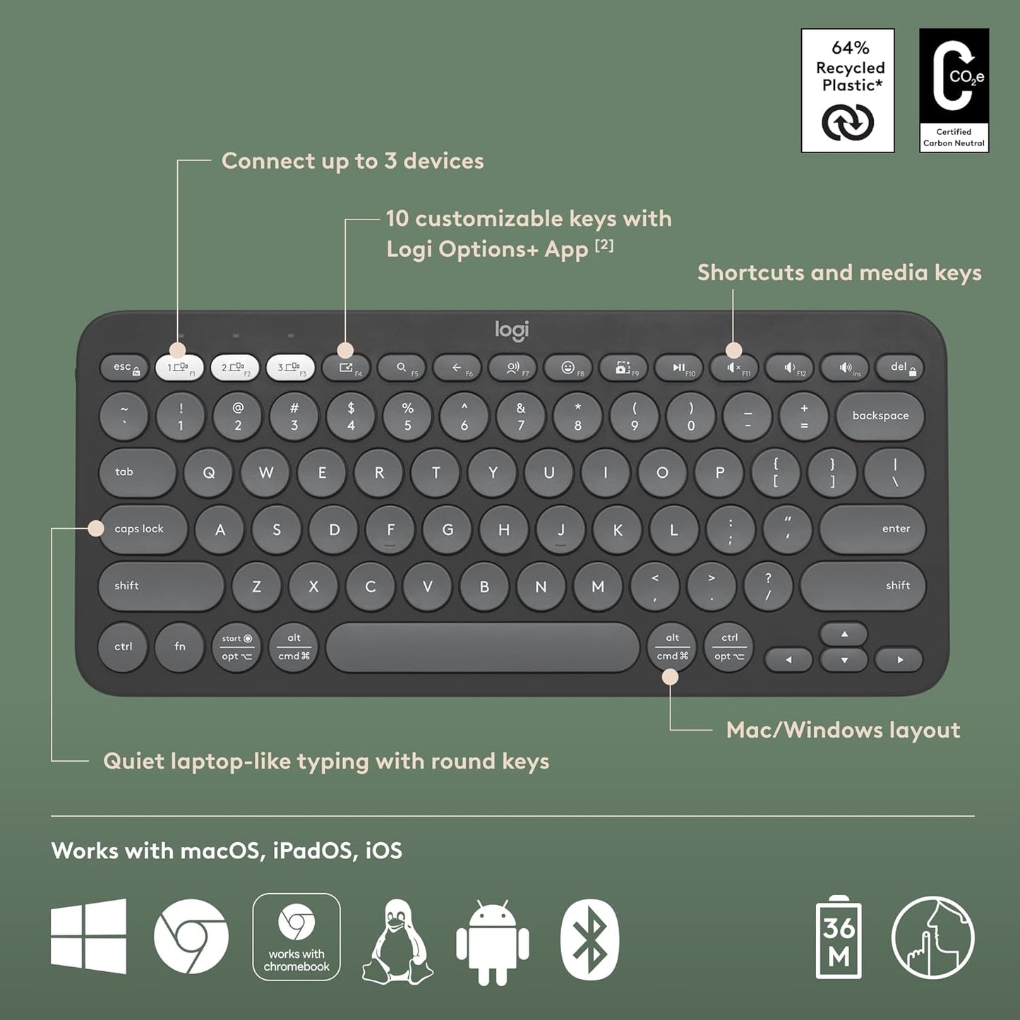 Logitech Pebble Keys 2 K380s, Multi-Device Bluetooth Wireless Keyboard Tonal Graphite