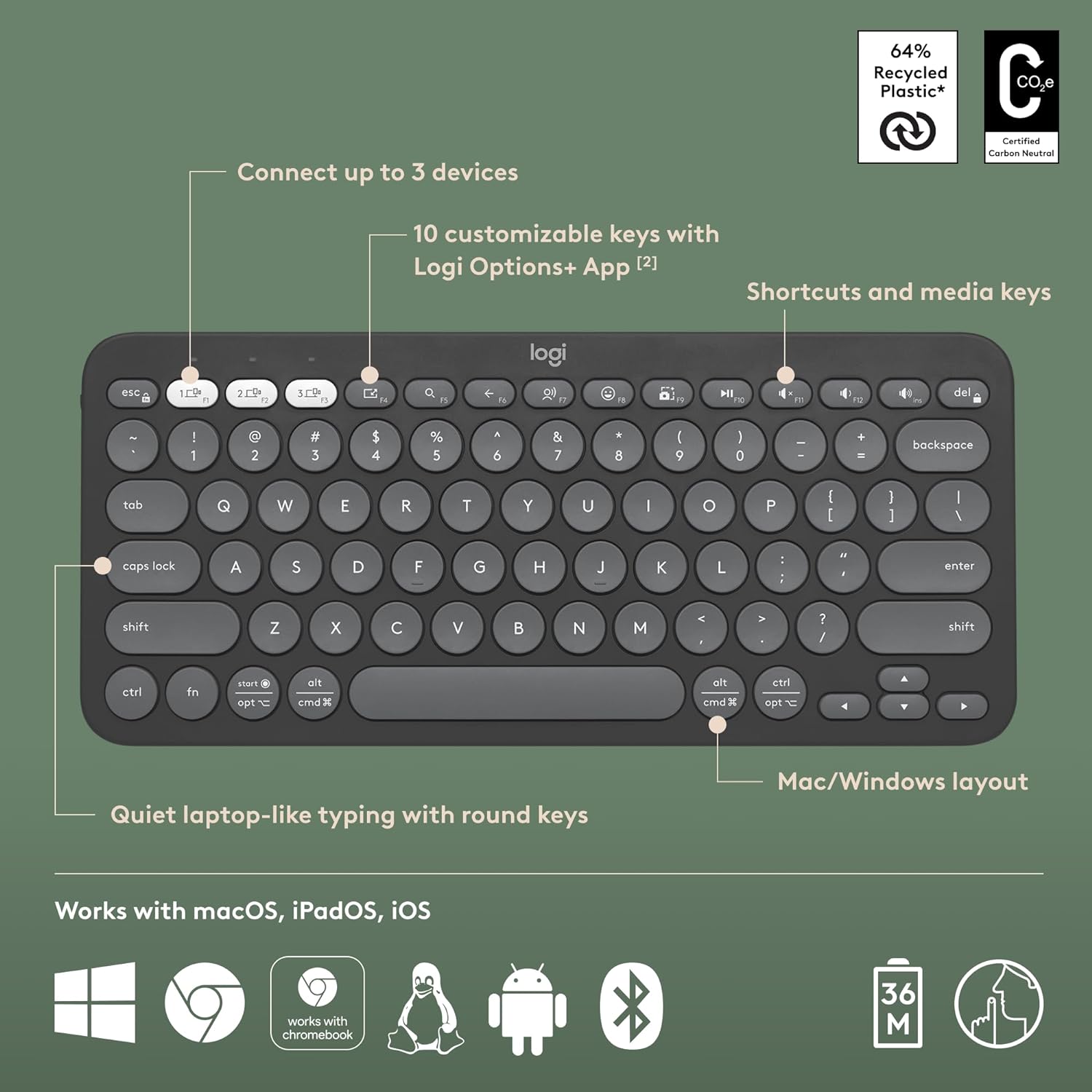 Logitech Pebble Keys 2 K380s, Multi-Device Bluetooth Wireless Keyboard Tonal Graphite