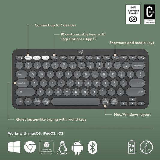 Logitech Pebble Keys 2 K380s, Multi-Device Bluetooth Wireless Keyboard Tonal Graphite