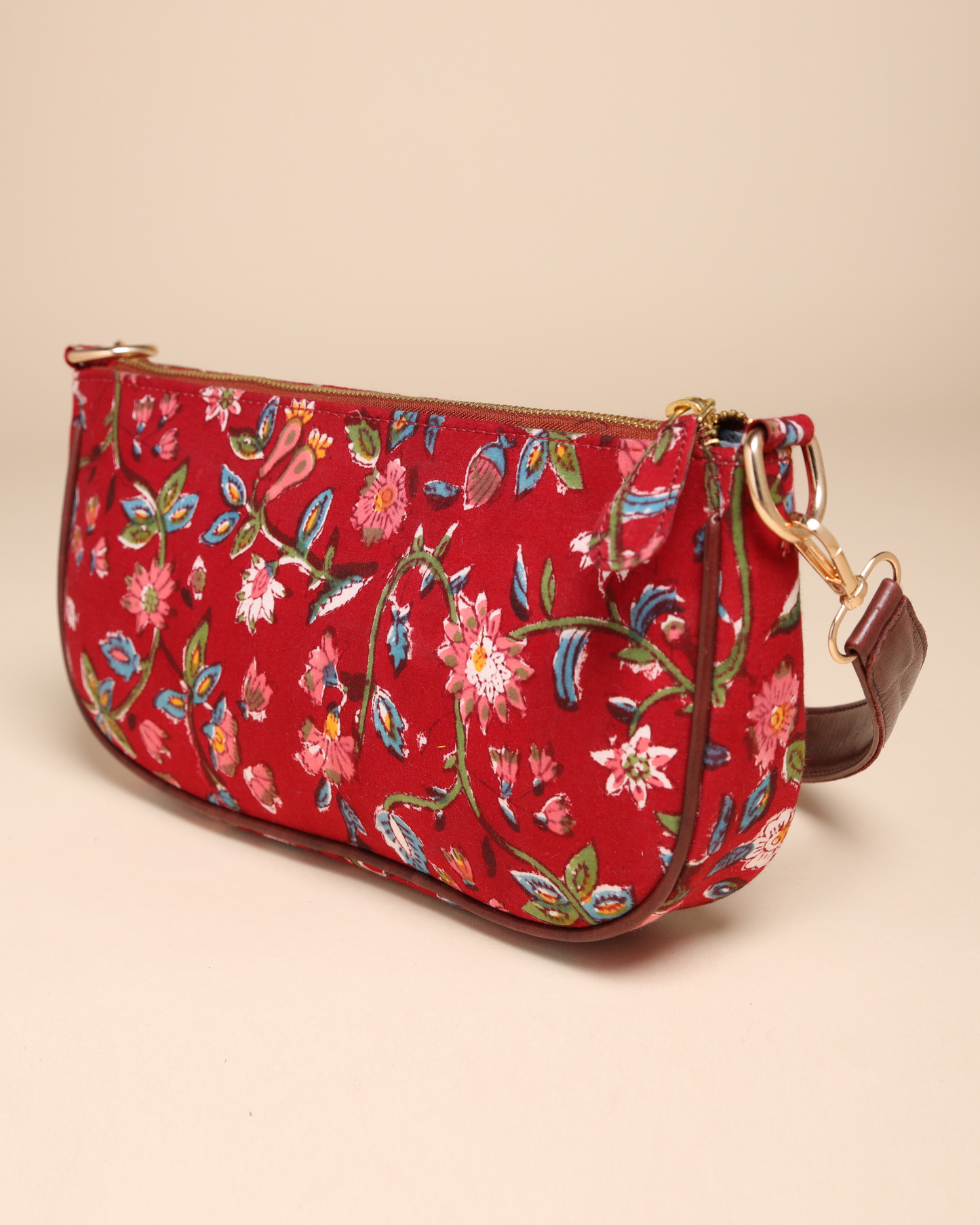 Imperial Red Cotton Blockprinted Mini Baguette Bag Quick Cart