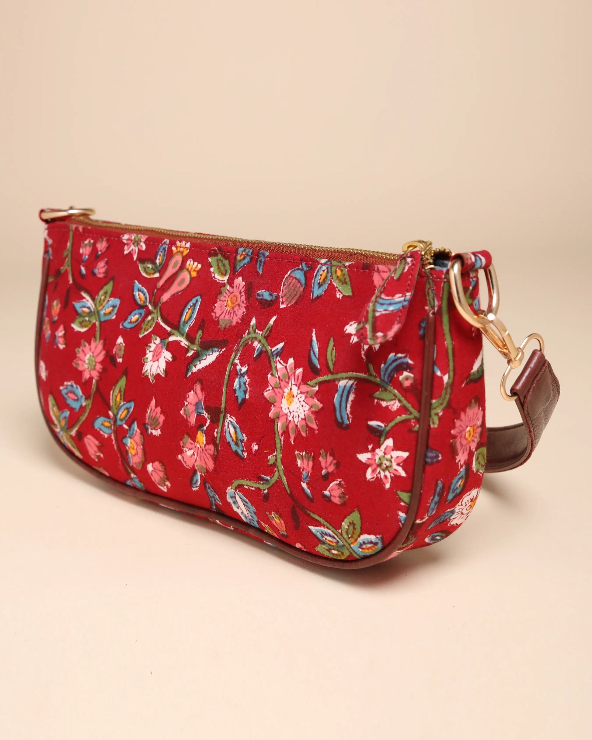 Imperial Red Cotton Blockprinted Mini Baguette Bag My Store