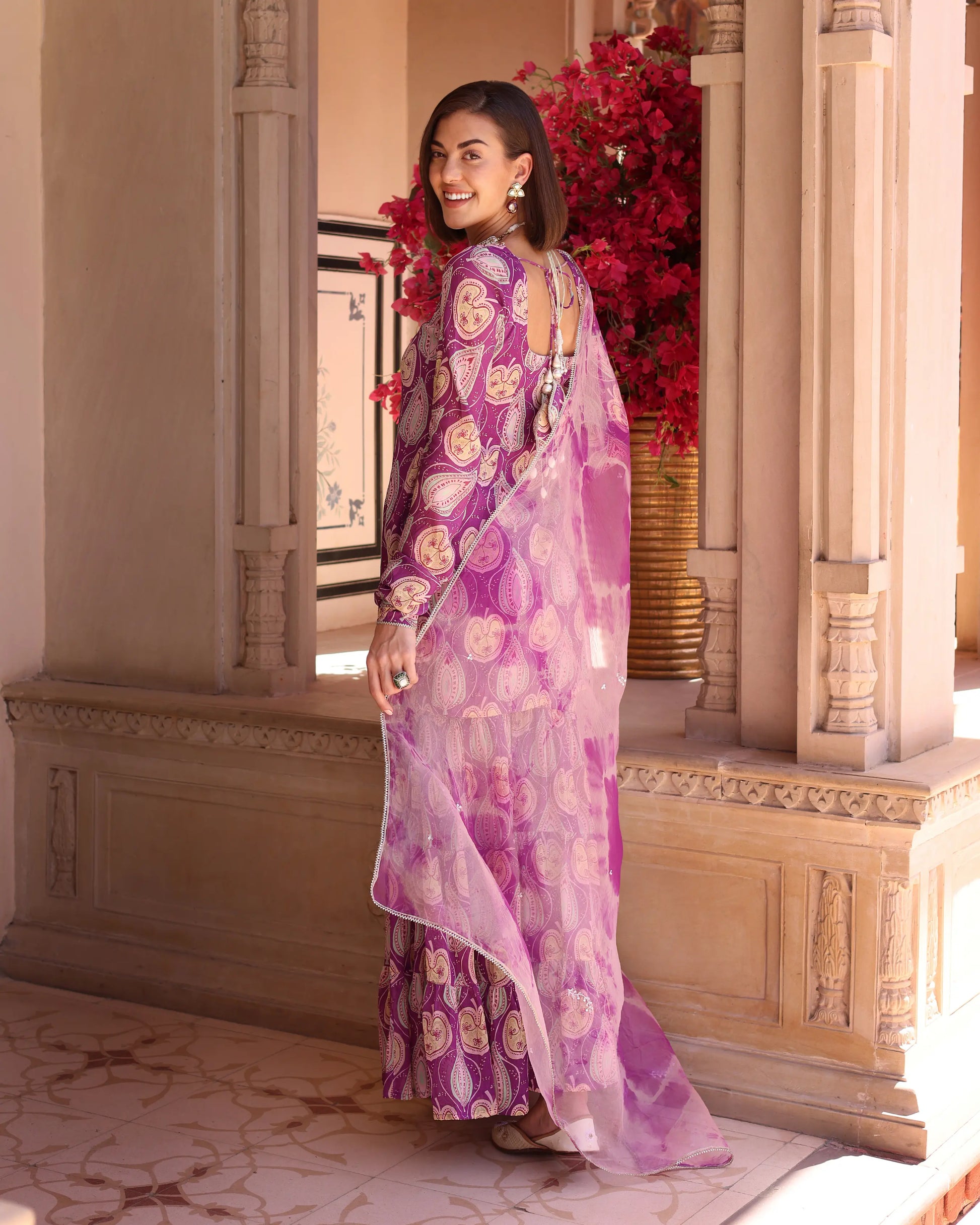 Lilac Floral Fantasy Printed Chinon Sharara Set My Store