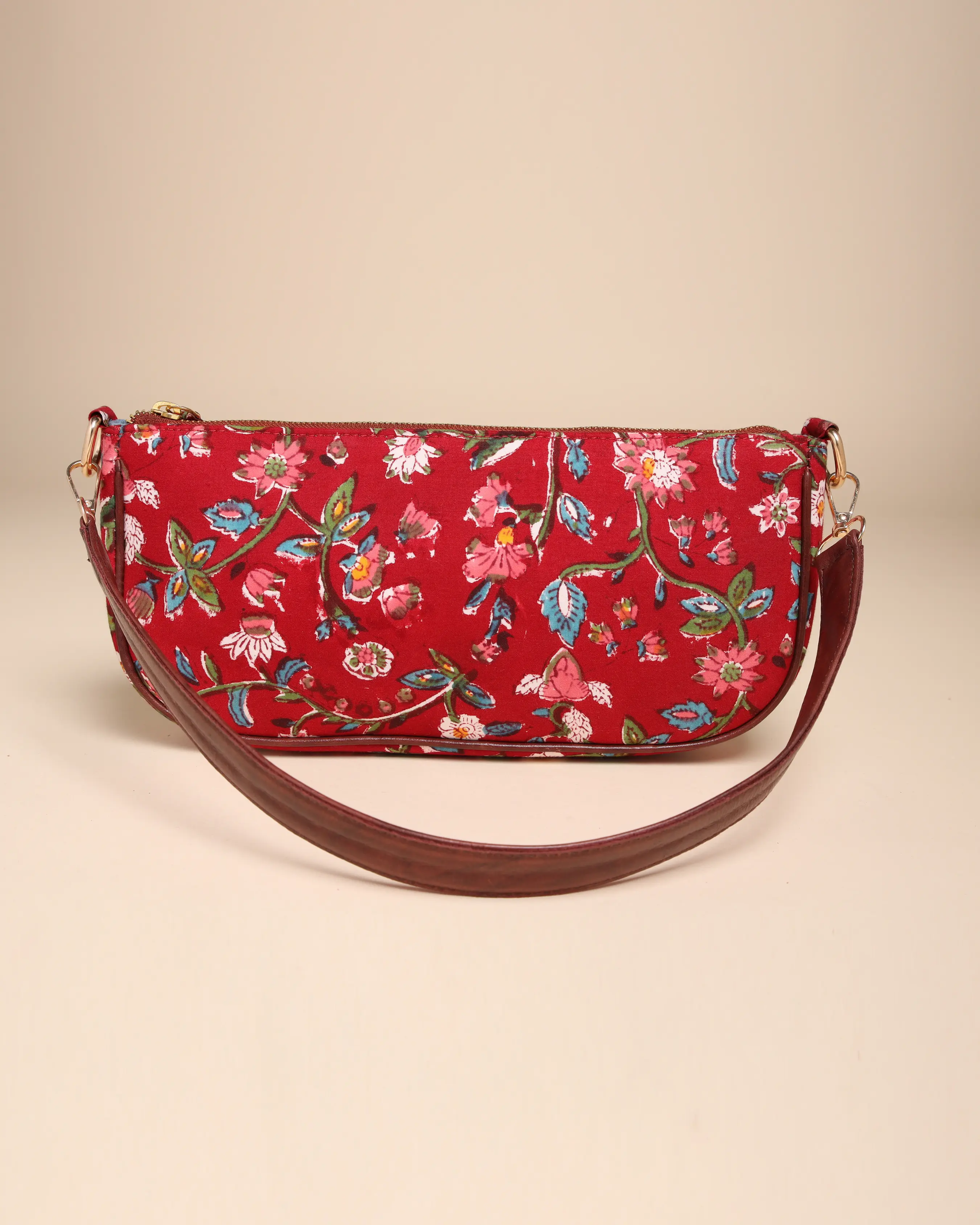 Imperial Red Cotton Blockprinted Mini Baguette Bag My Store