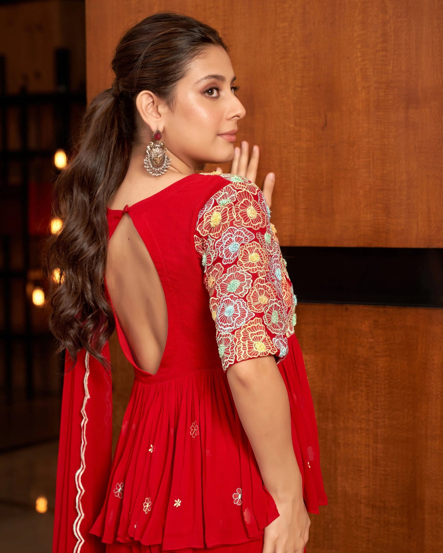 Phool Red Embroidered Georgette Pre Draped Saree My Store