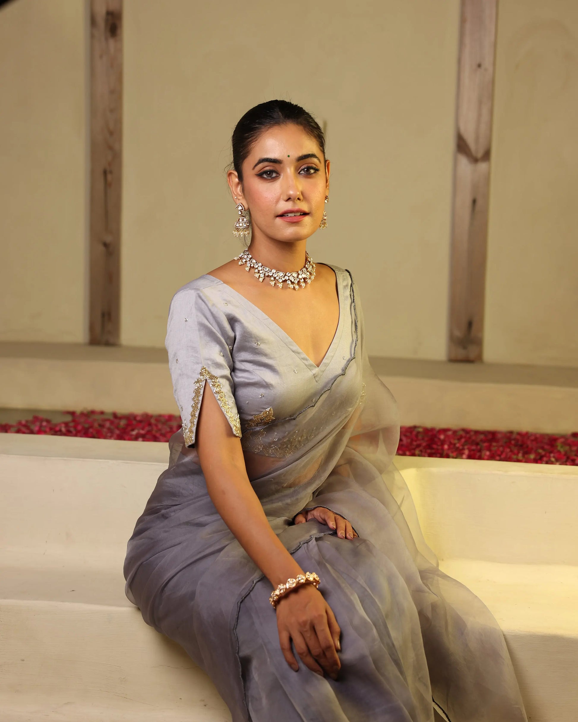 Chhavi Grey Chanderi Embroidered Blouse My Store