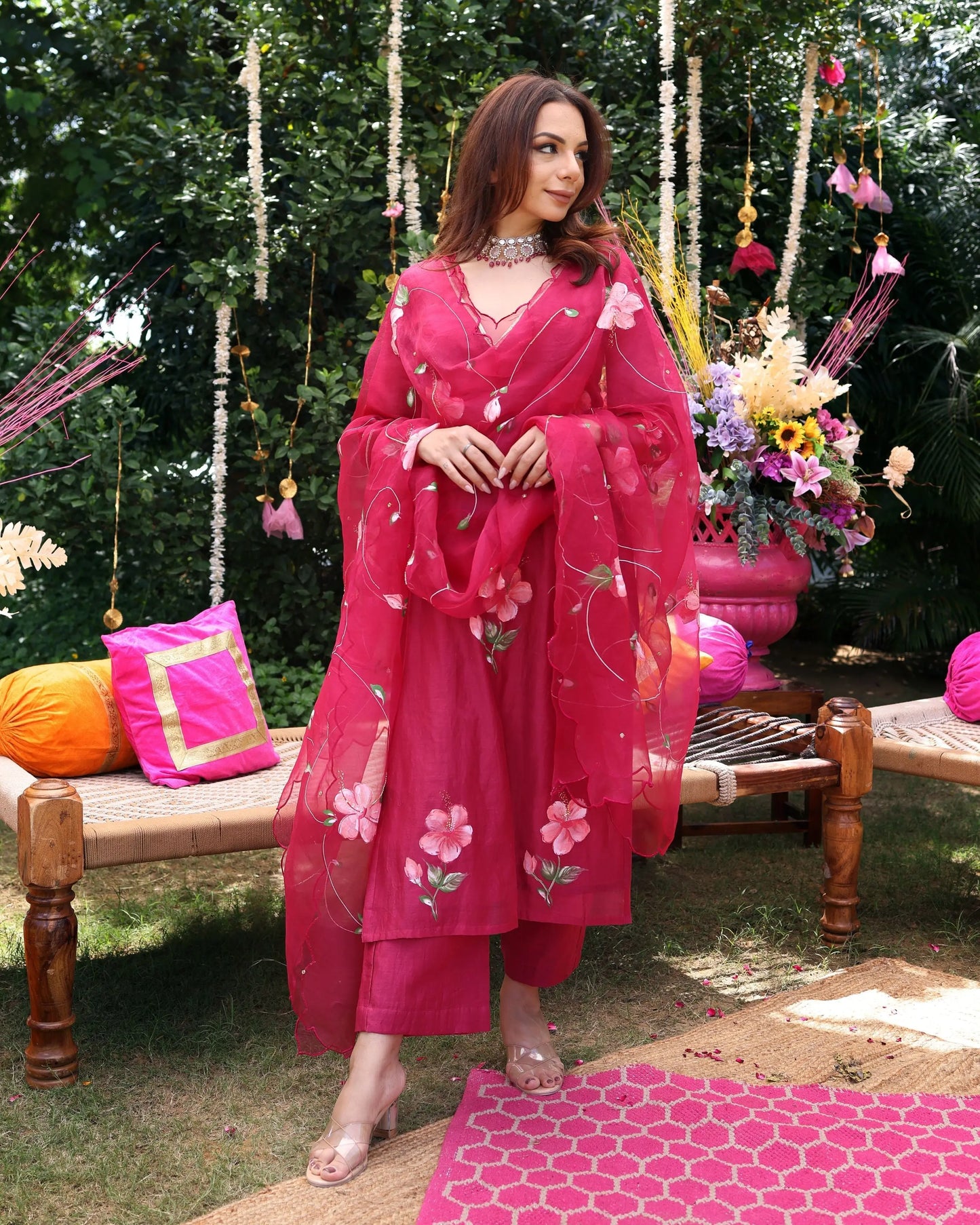 Berry Bliss Magenta Handpainted Chanderi Suit Set My Store