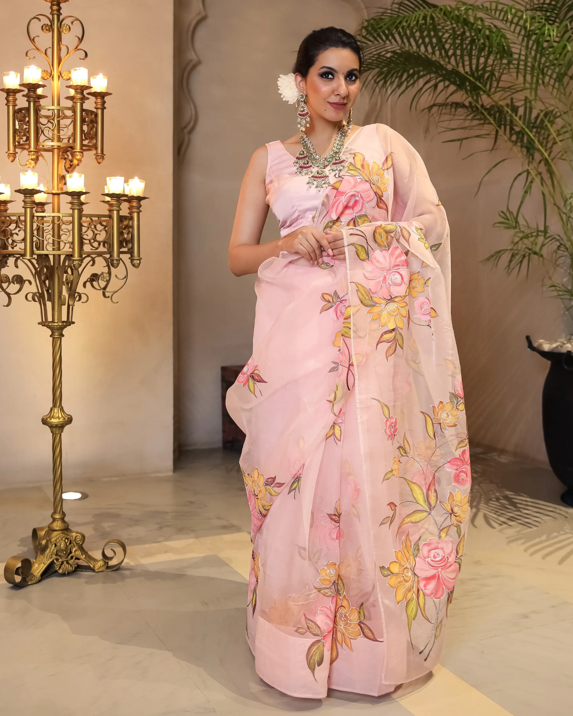 Peach Aura Embellished Handpainted Organza Silk Saree My Store