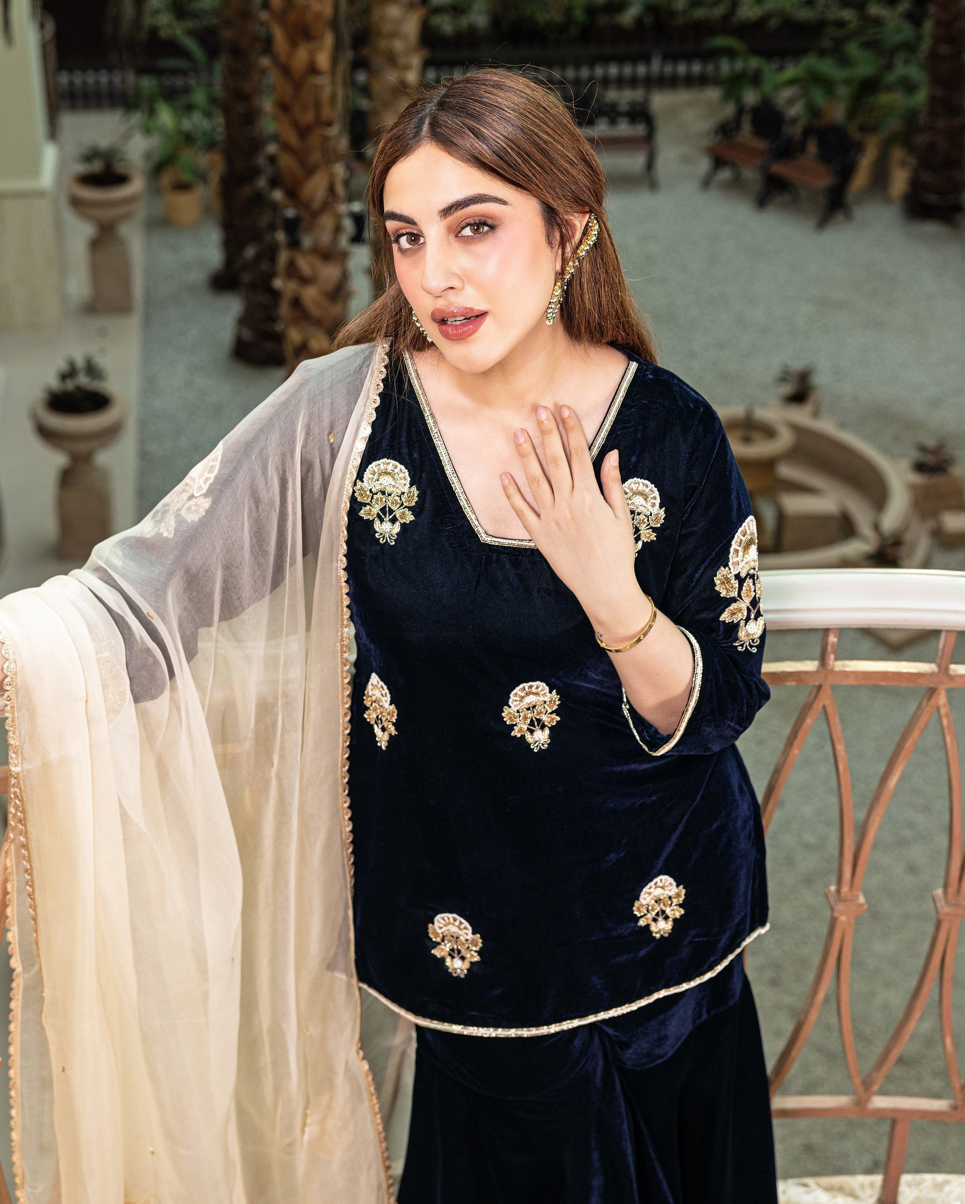 Nihayat Navy Embroidered Velvet Sharara Set My Store