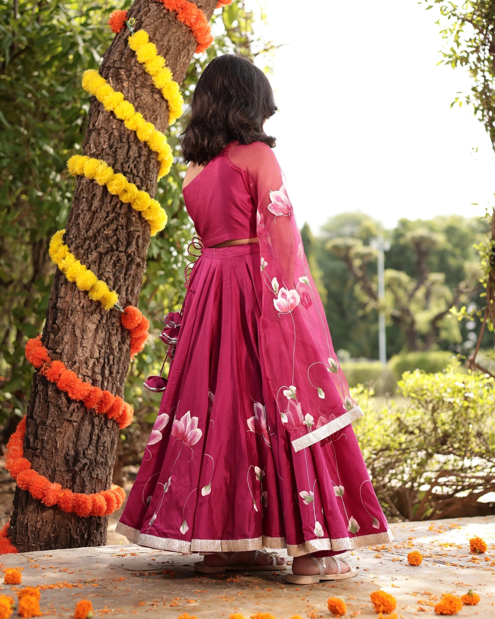 Giggle Magenta Handpainted Chanderi Lehenga Set My Store