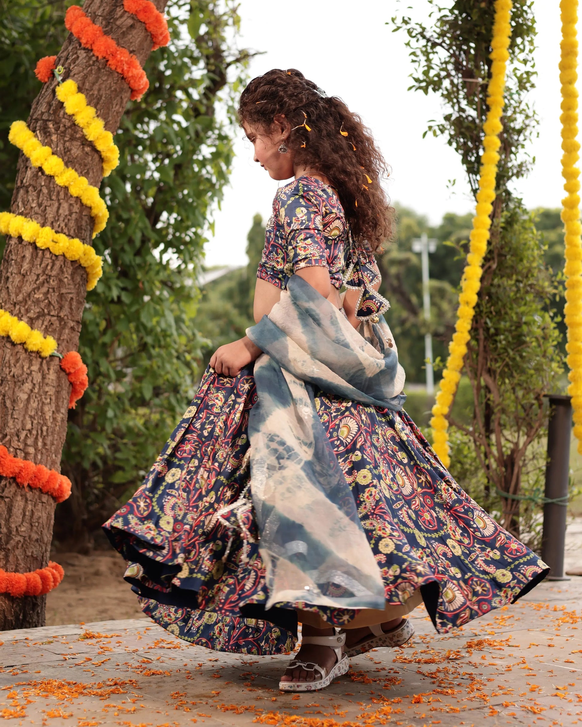 Taffy Blue Printed Embroidered Satin Lehenga Set My Store