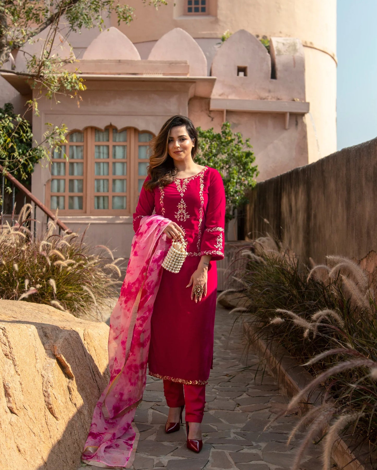 Pink Paradise Velvet Handcrafted Suit Set Quick Cart