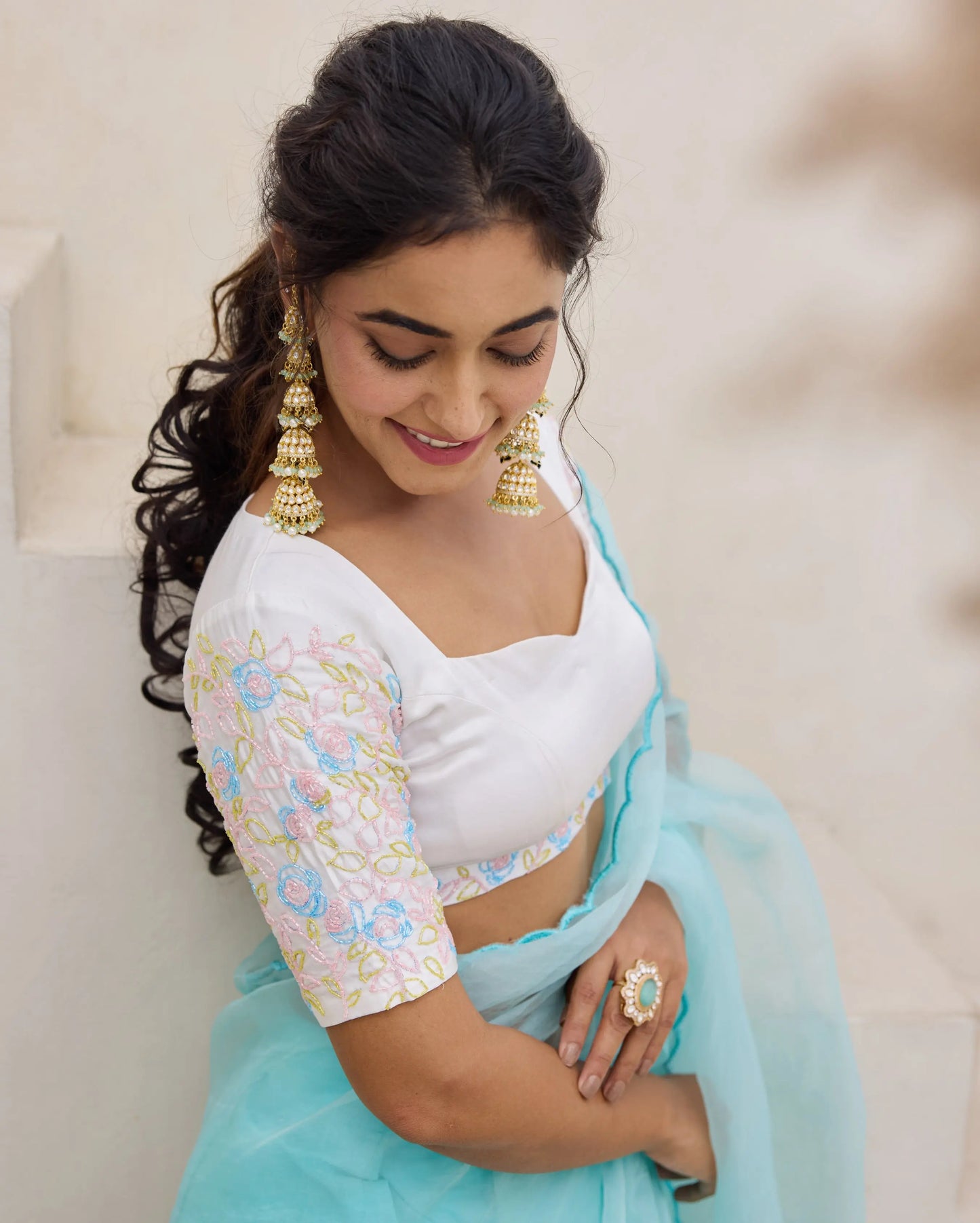 Meadow Whisper White Chanderi Embroidered Blouse My Store