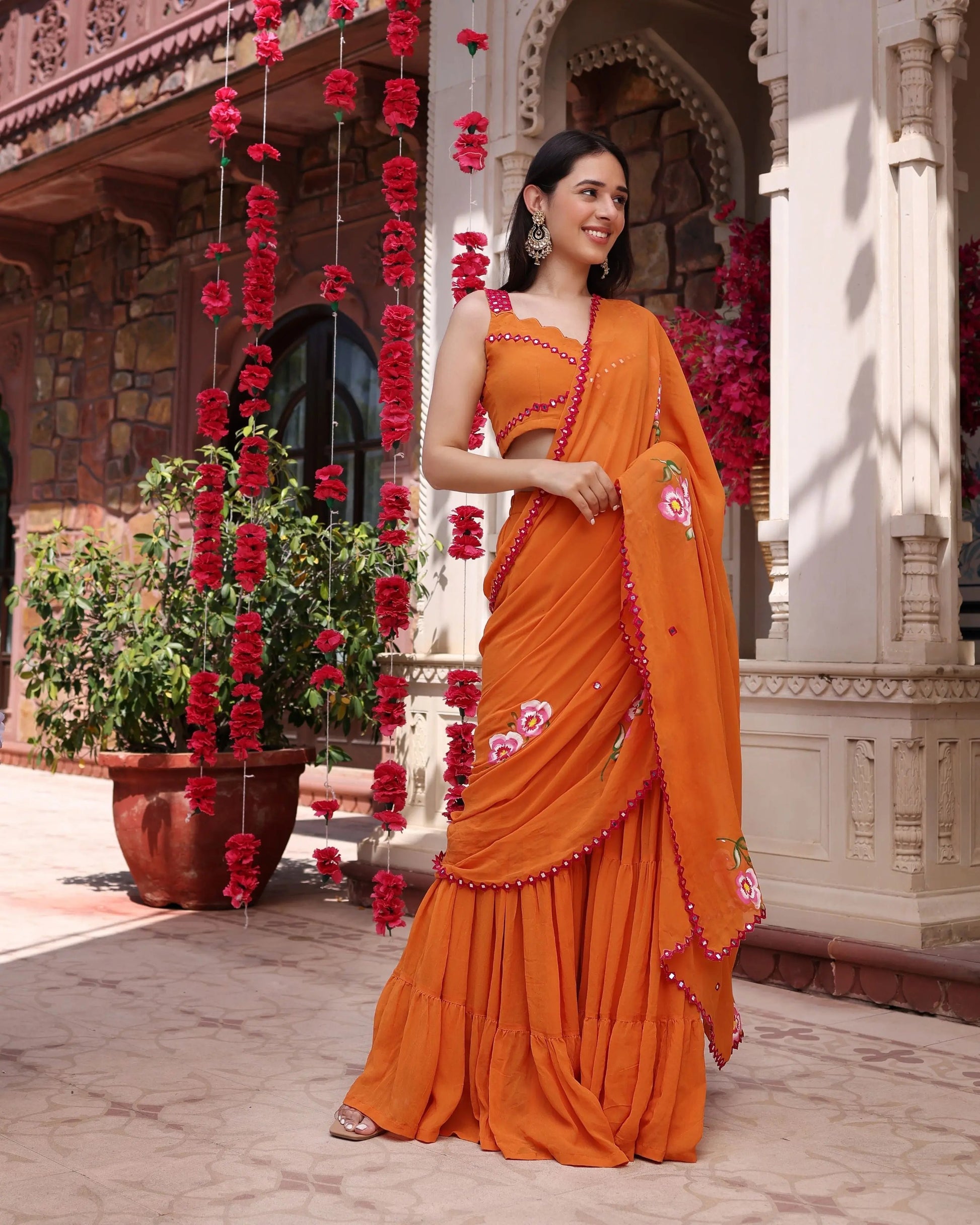 Coral Crush Orange Mirror Work Handpainted Georgette Pre Draped Saree My Store