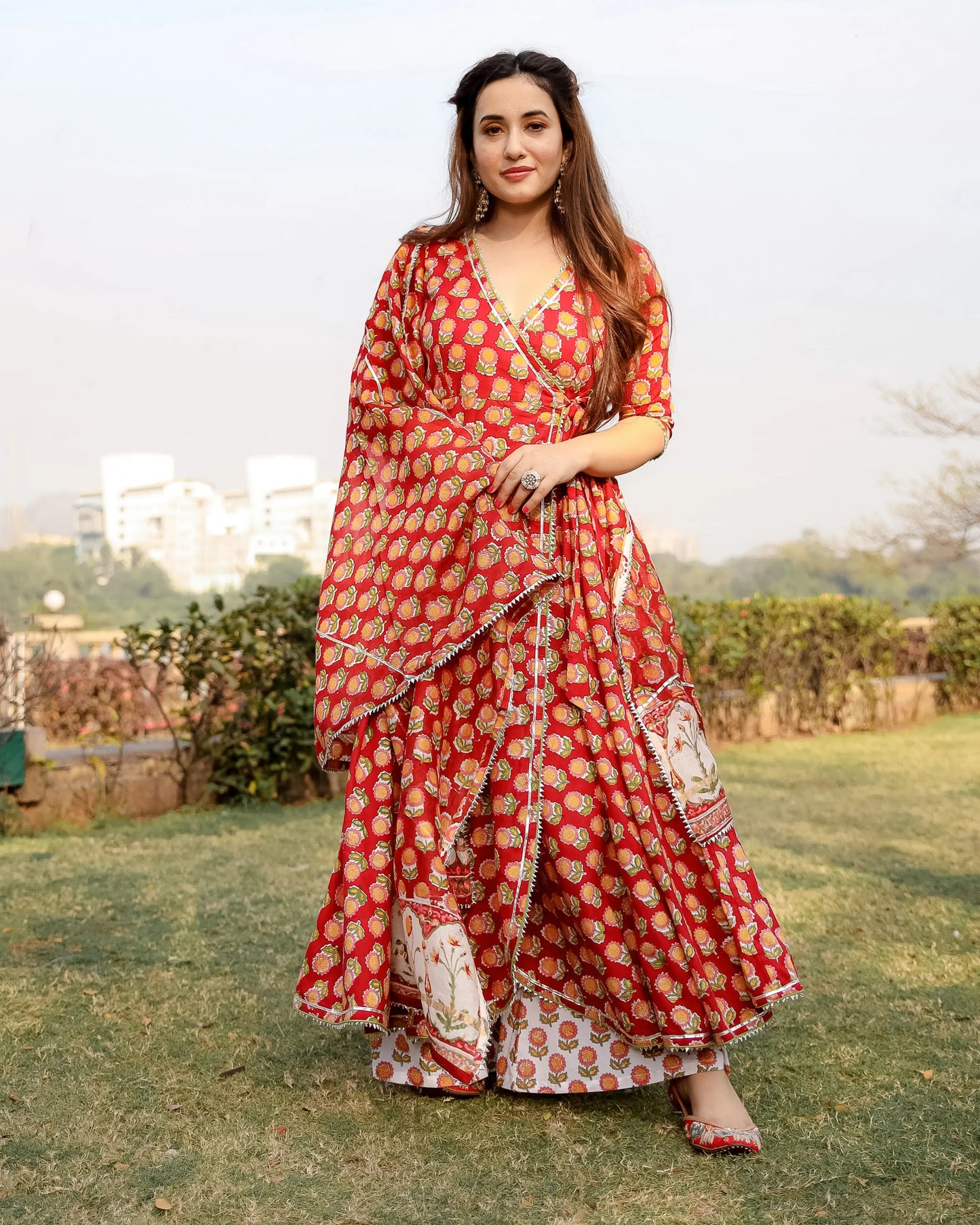 Red Rosewood Handblock Suit Set My Store