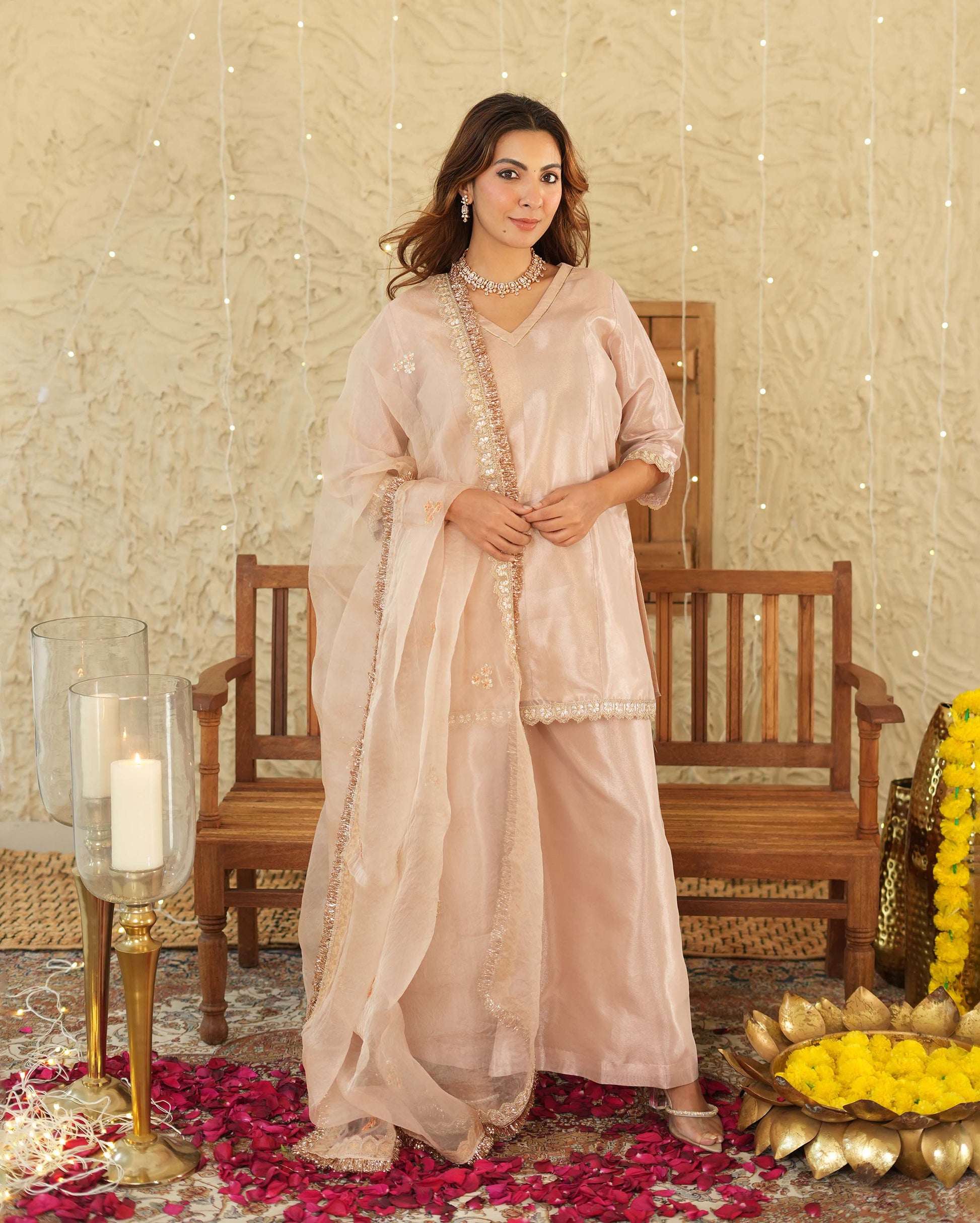 Pataka Beige Solid Tissue Suit Set Quick Cart