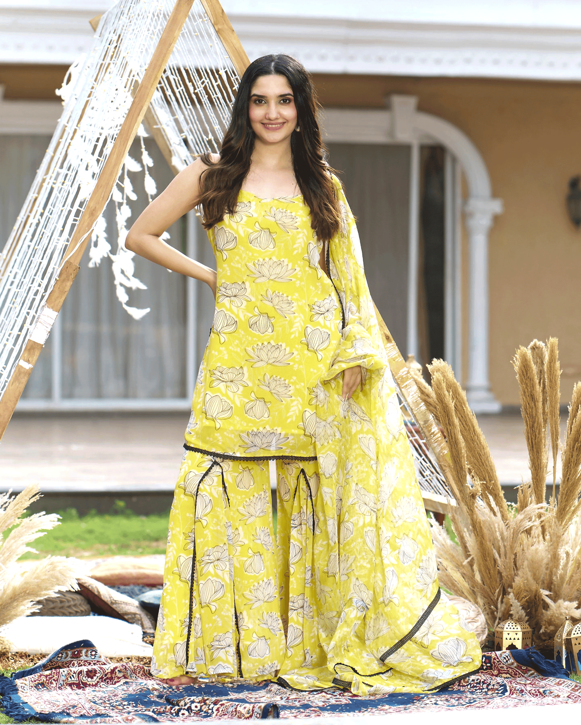 Emin Yellow Printed Georgette Sharara Set My Store