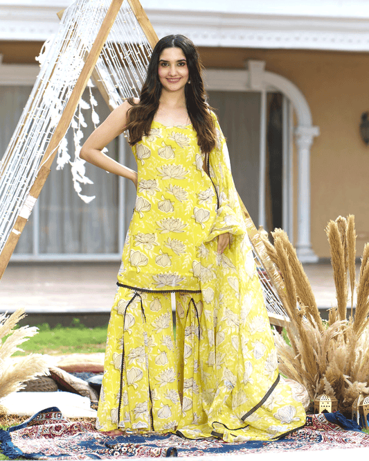Emin Yellow Printed Georgette Sharara Set My Store