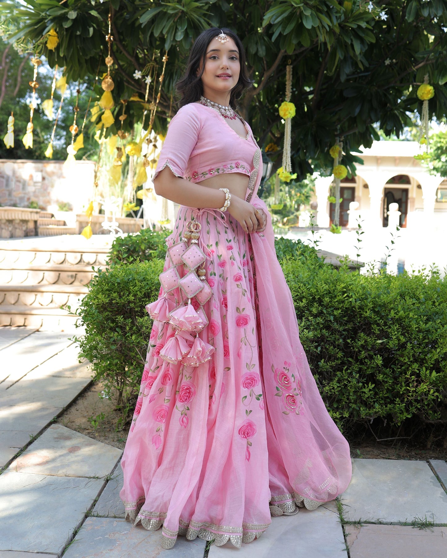 Dewberry Pink Handpainted Chanderi Lehenga Set Quick Cart