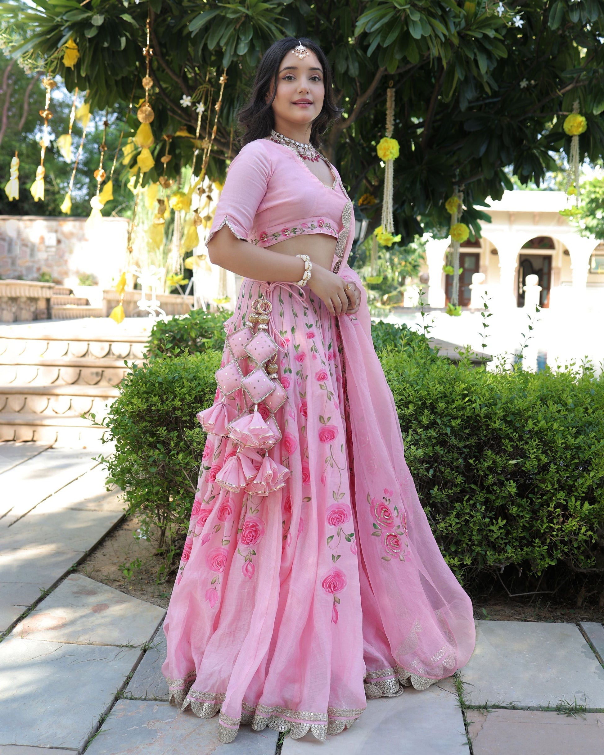 Dewberry Pink Handpainted Chanderi Lehenga Set Quick Cart