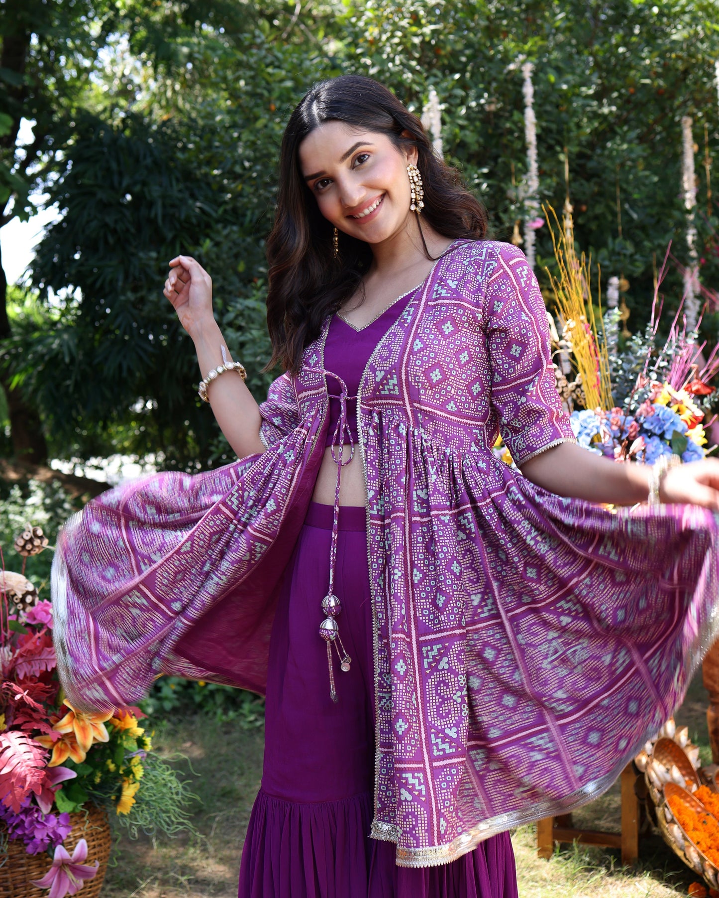 Geometric Purple Elegance Printed Satin Sharara Set Quick Cart