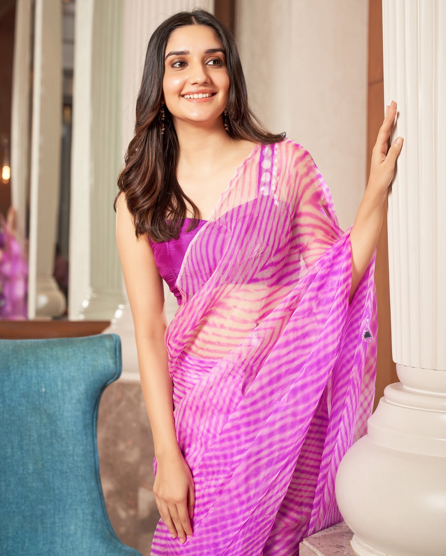 Varaha Purple Leheriya Organza Pre Draped Saree Quick Cart