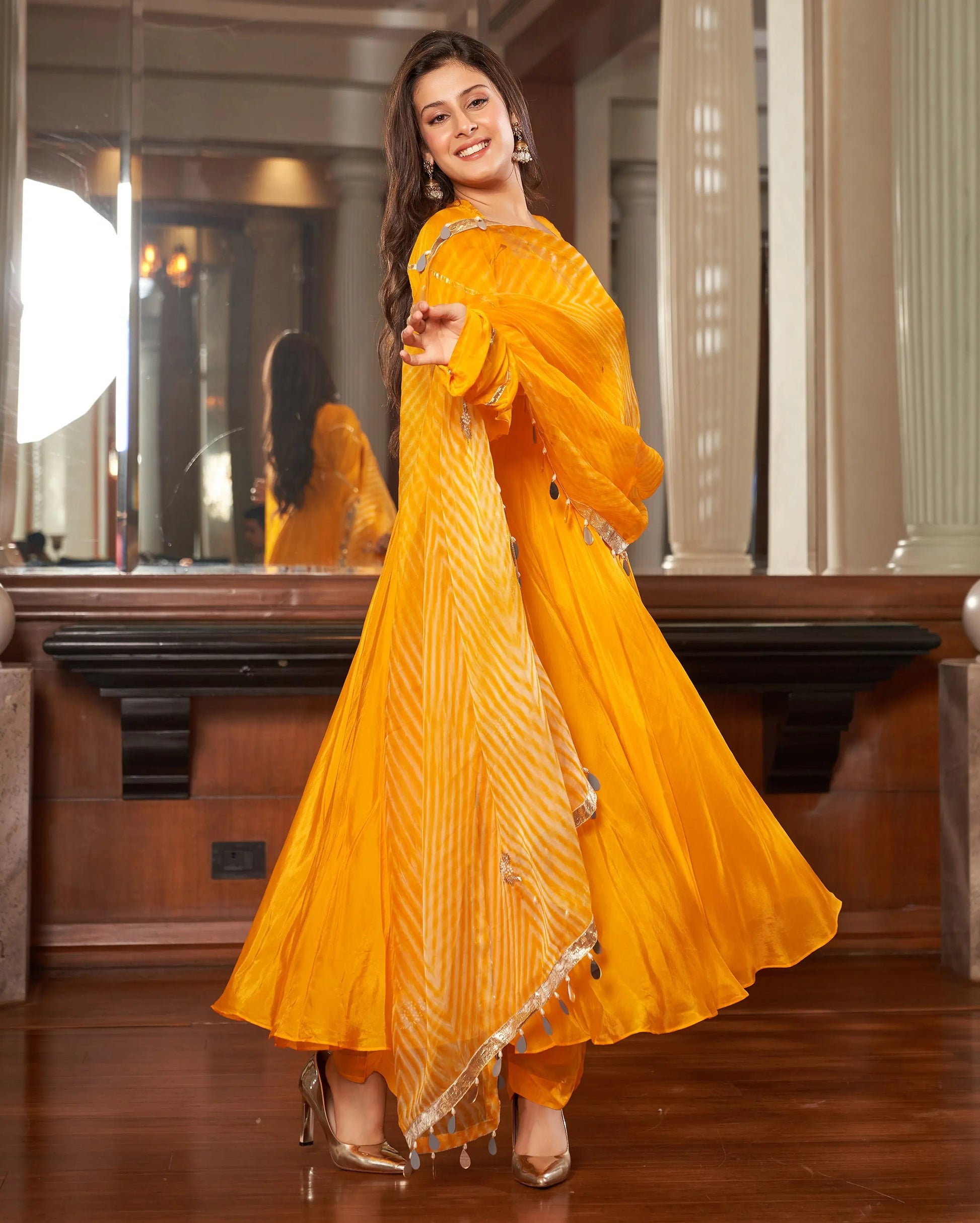 Avittam Mustard Yellow Leheriya Silk Suit Set My Store