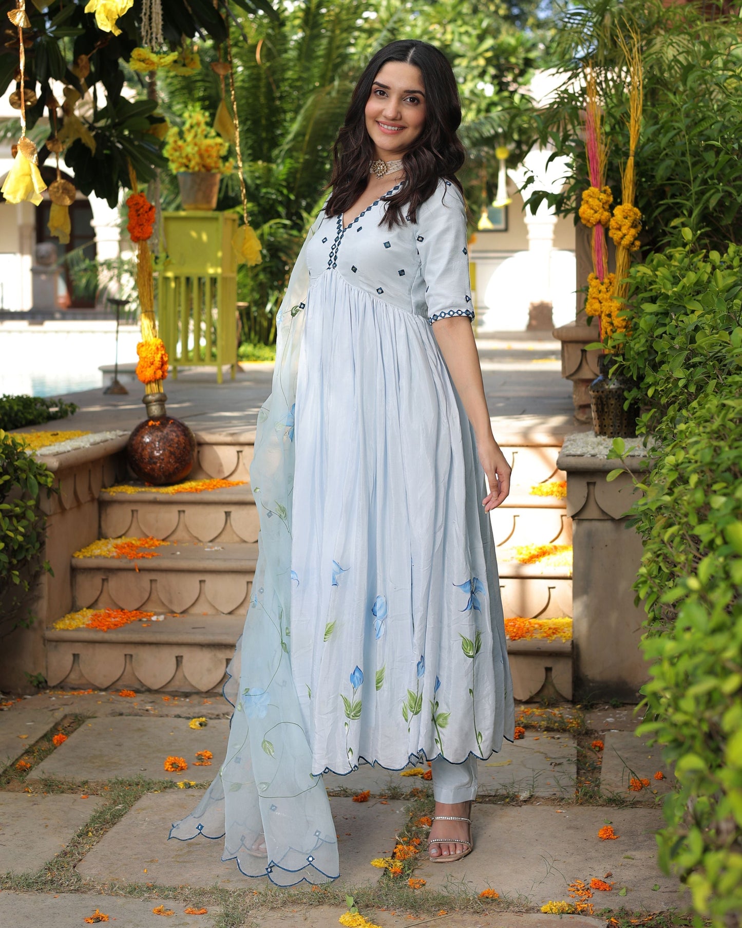 Blue Blossom Handpainted Cotton Silk Suit Set Quick Cart