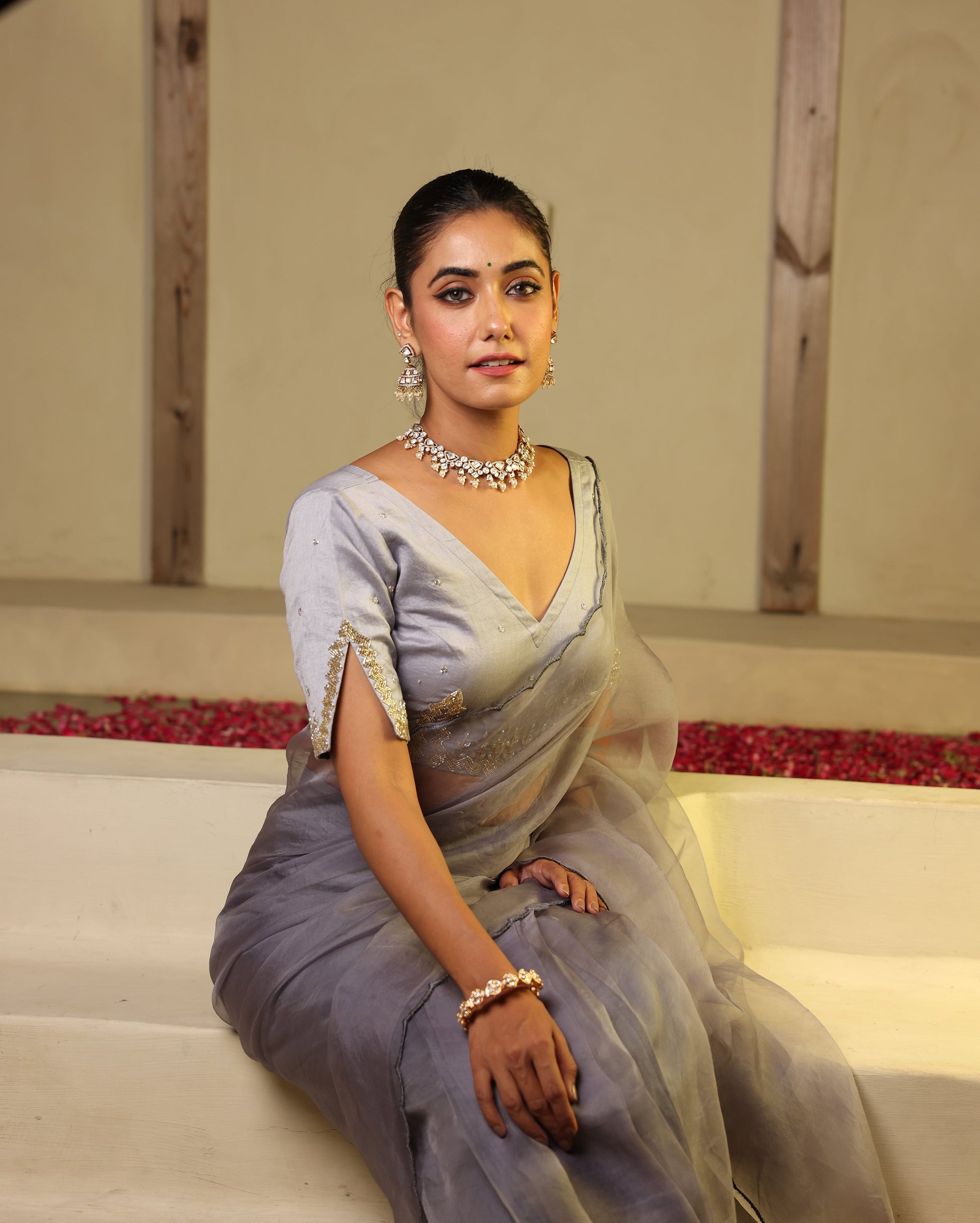 Chhavi Grey Chanderi Embroidered Blouse My Store