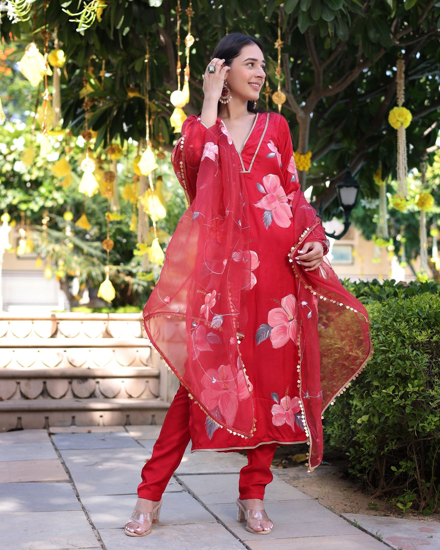 Raspberry Blush Red Handpainted Satin Suit Set Quick Cart