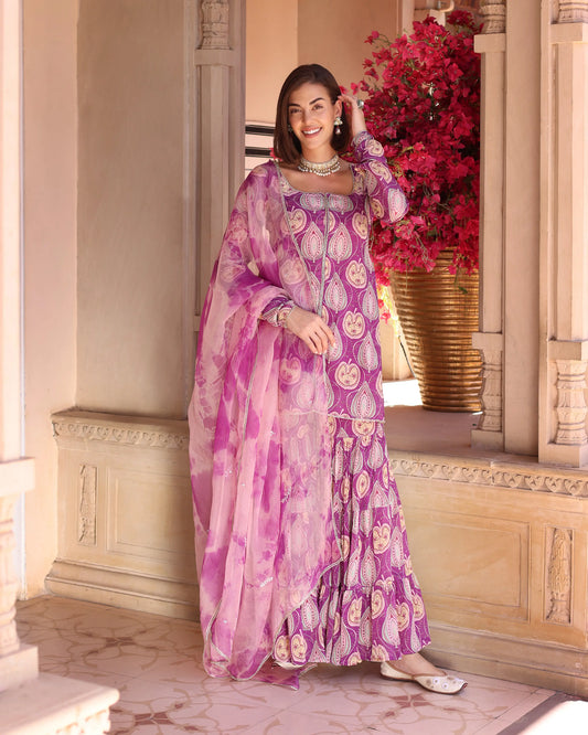 Lilac Floral Fantasy Printed Chinon Sharara Set My Store
