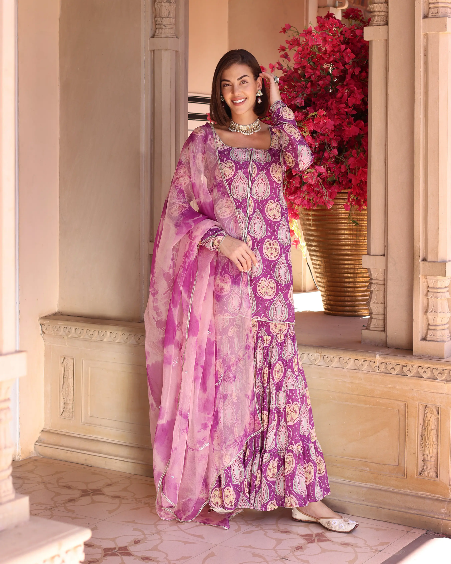 Lilac Floral Fantasy Printed Chinon Sharara Set My Store