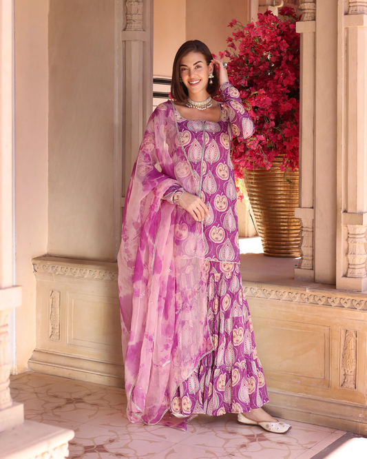 Lilac Floral Fantasy Printed Chinon Sharara Set My Store