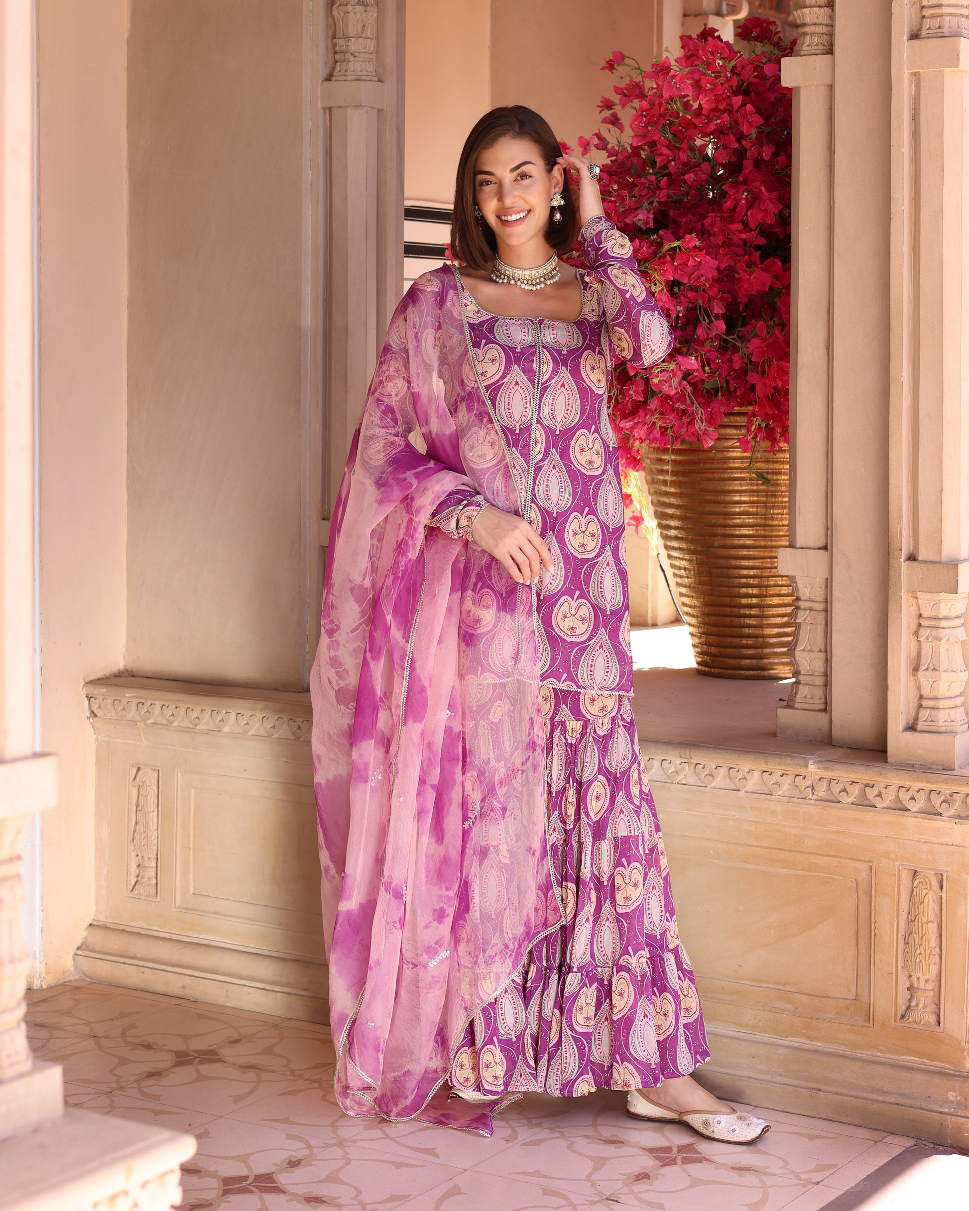Lilac Floral Fantasy Printed Chinon Sharara Set Quick Cart